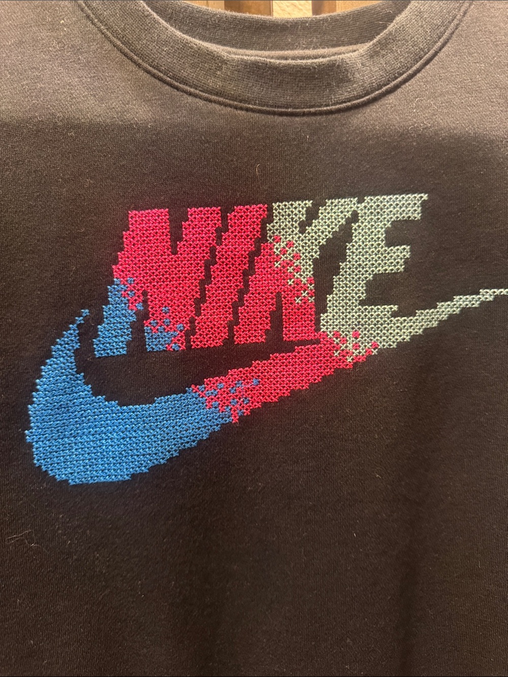 Nike Black Sweatshirt with Blue, Red and Light Green Pixel Logo